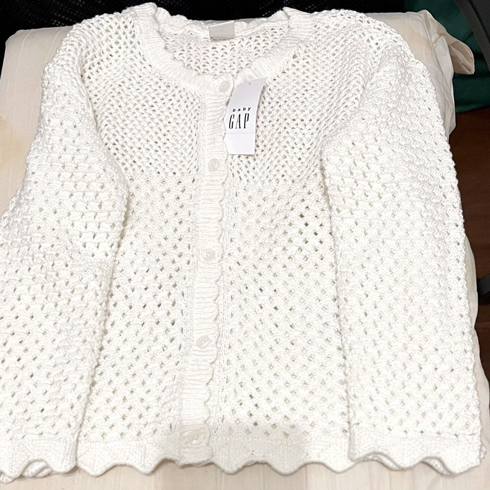 NWT: White Baby Gap button down crochet, woolen, knit sweater for cool weather.